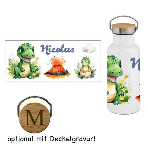 Thermos Trinkflasche mit Bambusdeckel Drachen