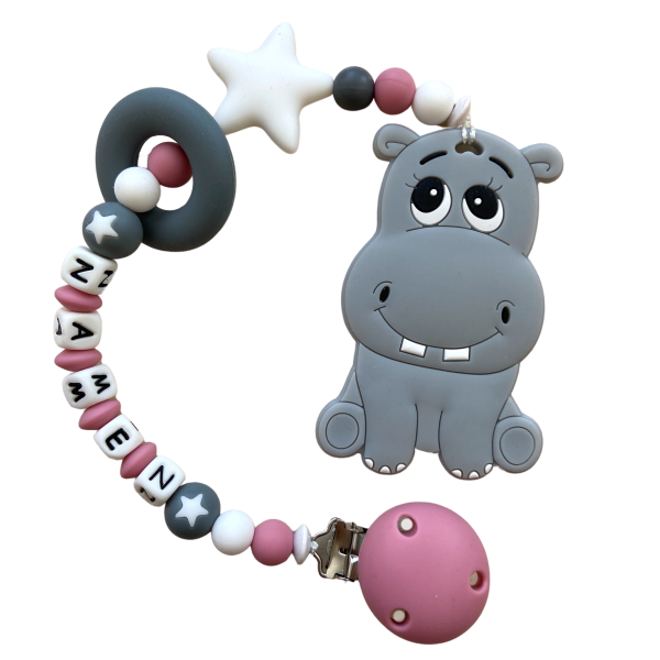 Beisskette Hippo rosa/grau
