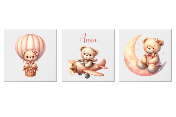 Leinwandbild Teddy rosa 3er Set