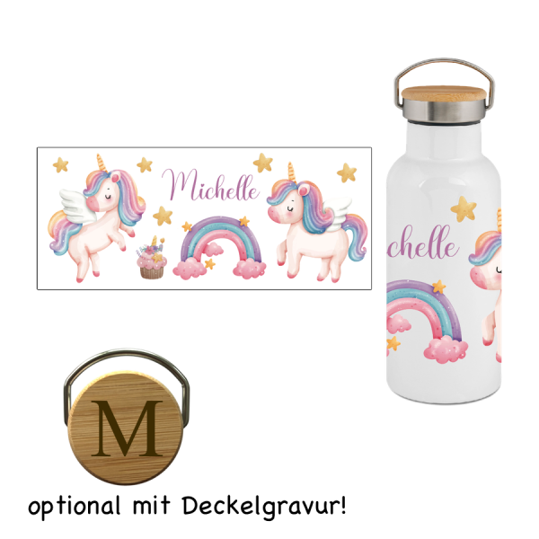 Thermos Trinkflasche mit Bambusdeckel Einhorn