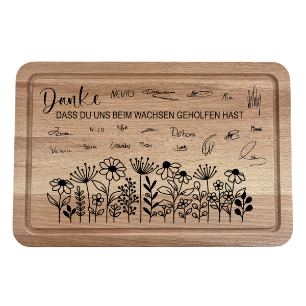 grosses Schneidebrett Blumen mit Unterschriften