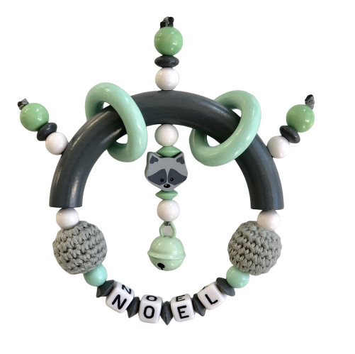 Greifling mit Häkelperle mint/grau mit Namen