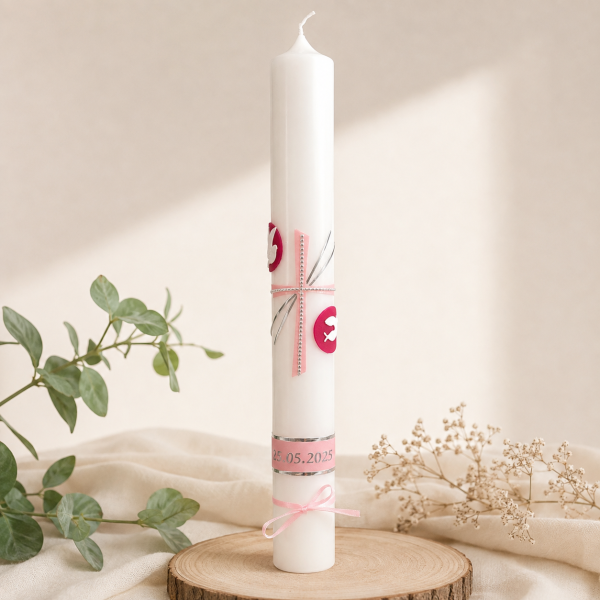 Taufkerze "Kreuz/Kreise rosa/pink"