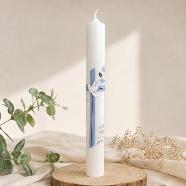 Taufkerze "Kreuz/Blumenranke hellblau"