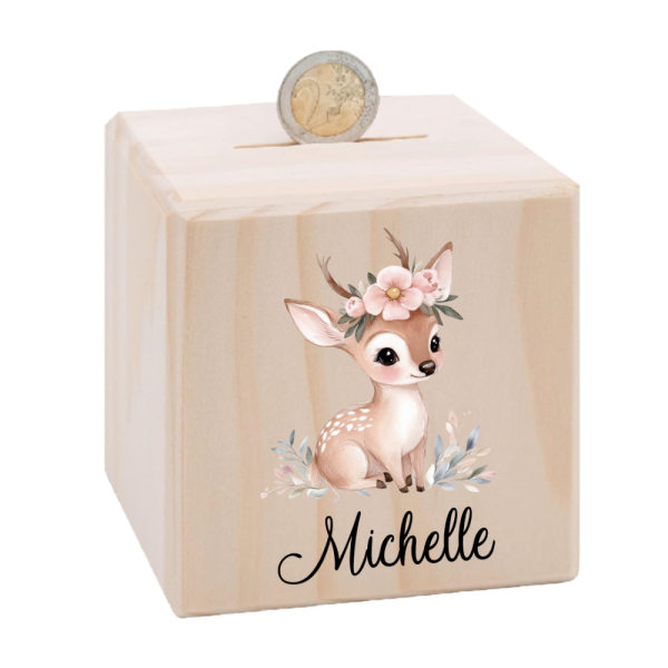 Spardose Holzwürfel Reh Blümchen