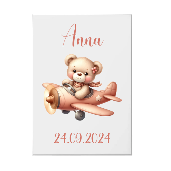 Leinwandbild Teddy Flugzeug rosa