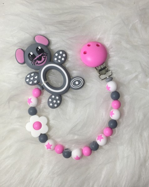 Beisskette Maus grau/rosa