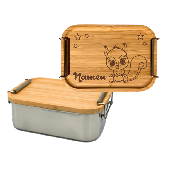 Edelstahl Lunchbox mit Bambusdeckel Eichhörnchen