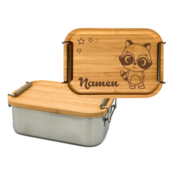 Edelstahl Lunchbox mit Bambusdeckel Waschbär
