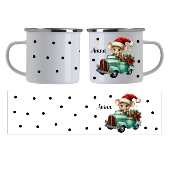 Emaille Tasse Maus im Weihnachtsauto