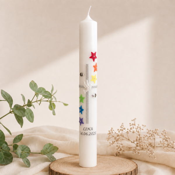 Taufkerze "Regenbogensterne"