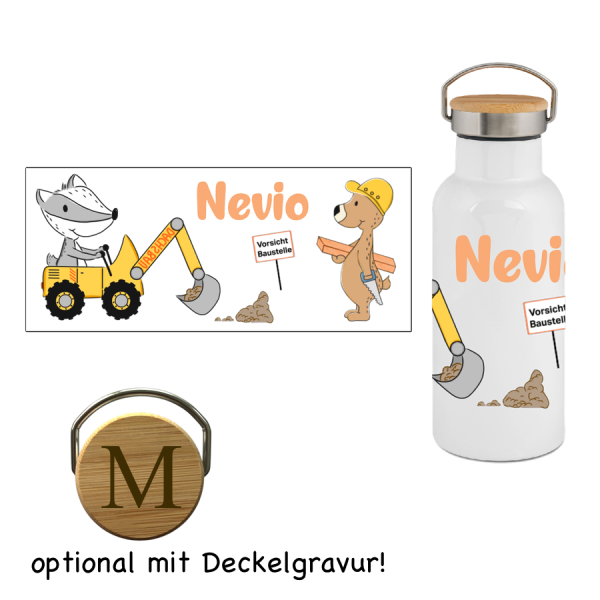 Thermos Trinkflasche mit Bambusdeckel Baustelle Dachs