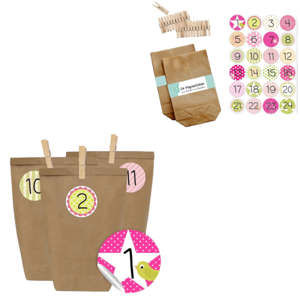 Adventskalender Papierbeutel pink