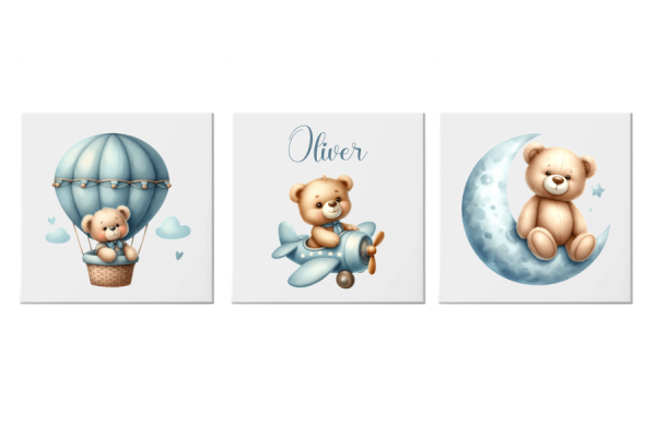 Leinwandbild Teddy blau 3er Set